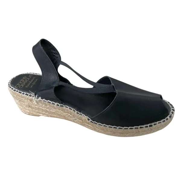 ANDRE ASSOUS Spain Leather Sling Back Peep Toe Wedge Espadrilles Sandal Black 10