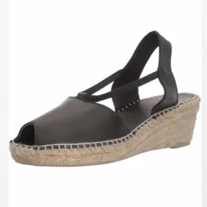 ANDRE ASSOUS Spain Leather Sling Back Peep Toe Wedge Espadrilles Sandal Black 10