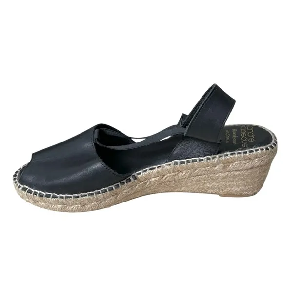 ANDRE ASSOUS Spain Leather Sling Back Peep Toe Wedge Espadrilles Sandal Black 10