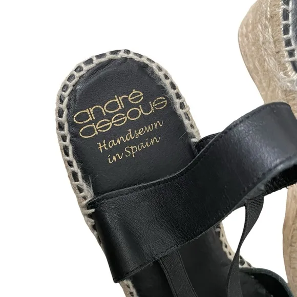 ANDRE ASSOUS Spain Leather Sling Back Peep Toe Wedge Espadrilles Sandal Black 10