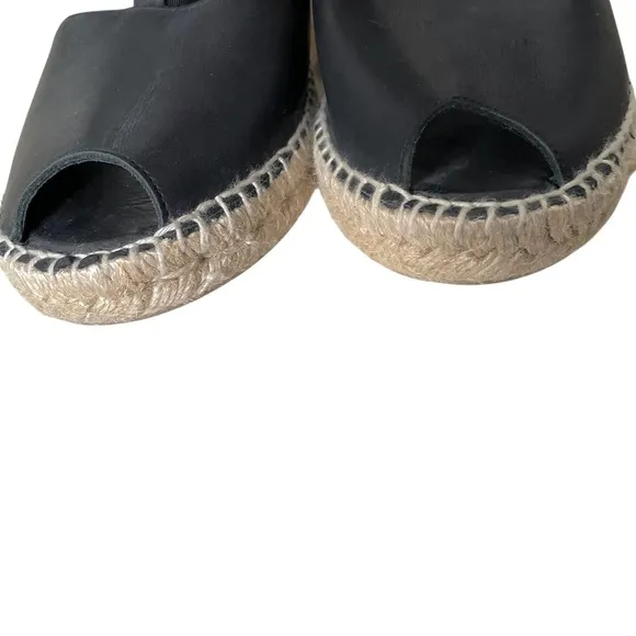 ANDRE ASSOUS Spain Leather Sling Back Peep Toe Wedge Espadrilles Sandal Black 10