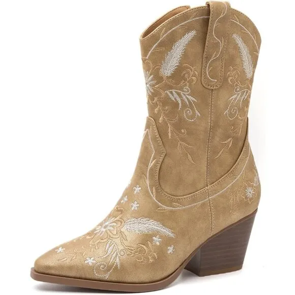 Anjoufemme Mid-Calf Boot Gold Polyurethane Embroidered Round-toe
