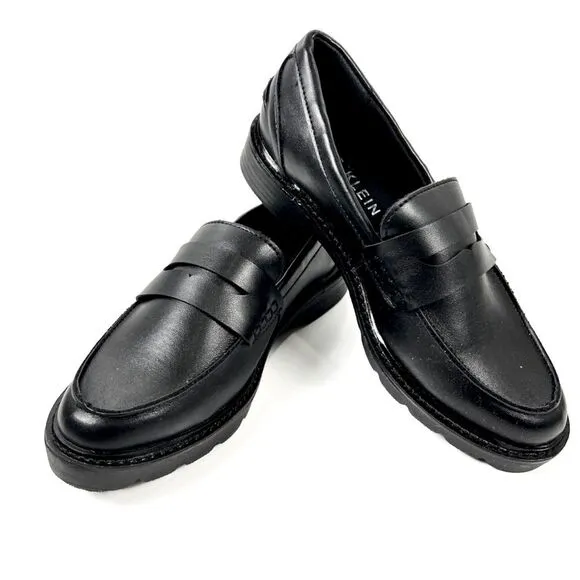 Anne Klein Elia Lug Sole Penny Loafers Black Smooth NEW Size 5.5M