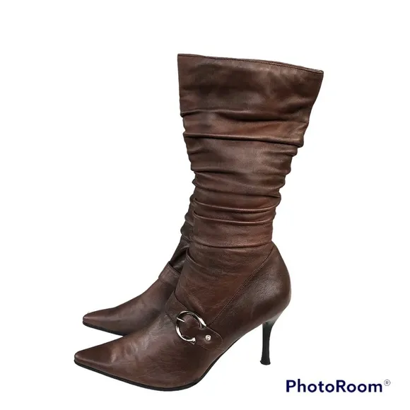 ANNINA Brown Leather Pointed Toe Stiletto Heel Pleated Mid Calf Boots Women’s