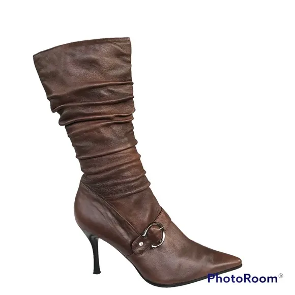 ANNINA Brown Leather Pointed Toe Stiletto Heel Pleated Mid Calf Boots Women’s