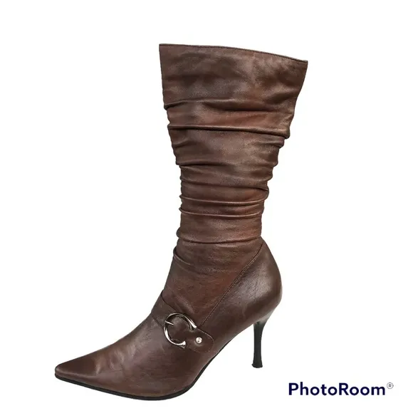 ANNINA Brown Leather Pointed Toe Stiletto Heel Pleated Mid Calf Boots Women’s