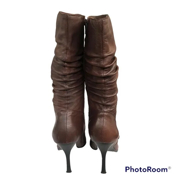ANNINA Brown Leather Pointed Toe Stiletto Heel Pleated Mid Calf Boots Women’s