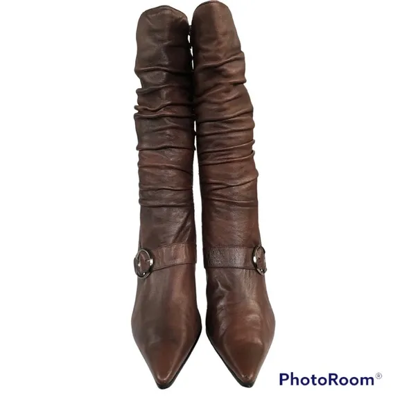 ANNINA Brown Leather Pointed Toe Stiletto Heel Pleated Mid Calf Boots Women’s