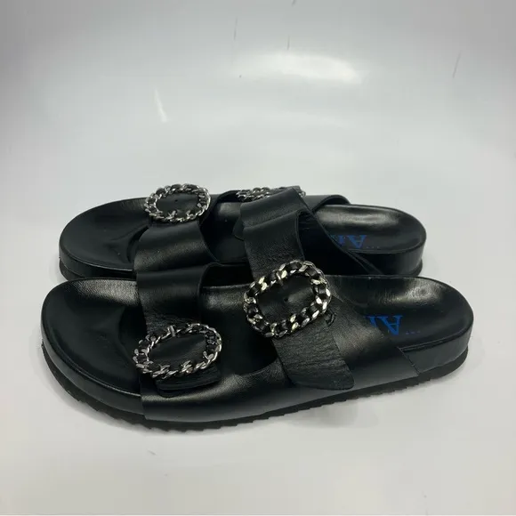 Antenora black 2 strap sandals slides bling buckles size 38