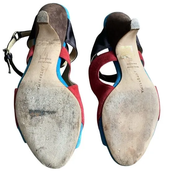 Anteprima Womens Leather Open Toe Ankle Strap Sandals Heels Red Blue Size 36 6