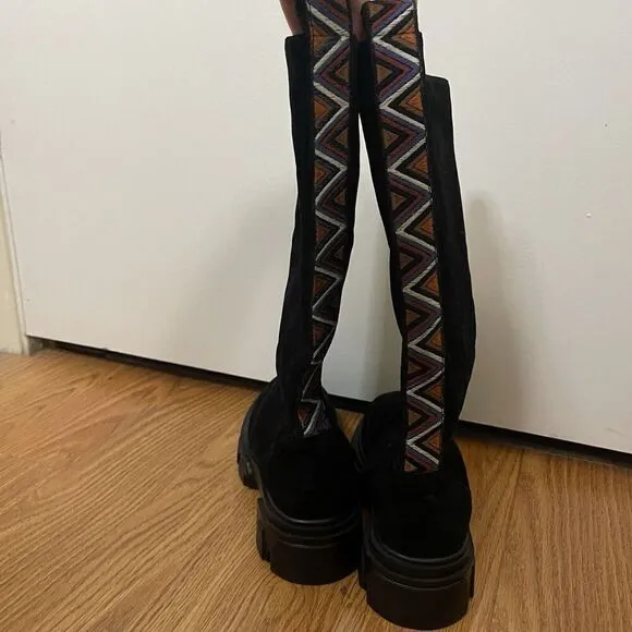 Anthropologie Farm Rio Black Knee High Suede Chunky Heel Platform Boots US 6