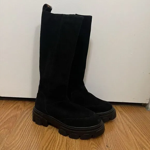 Anthropologie Farm Rio Black Knee High Suede Chunky Heel Platform Boots US 6