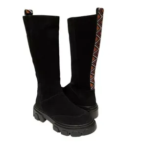 Anthropologie Farm Rio Black Knee High Suede Chunky Heel Platform Boots US 6