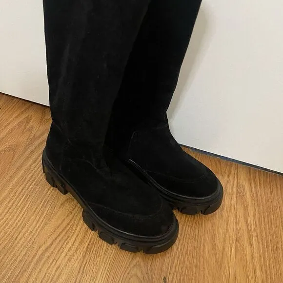 Anthropologie Farm Rio Black Knee High Suede Chunky Heel Platform Boots US 6
