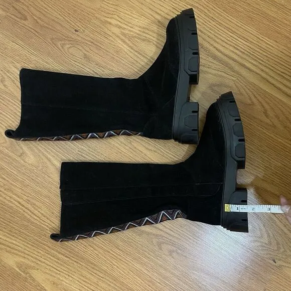 Anthropologie Farm Rio Black Knee High Suede Chunky Heel Platform Boots US 6