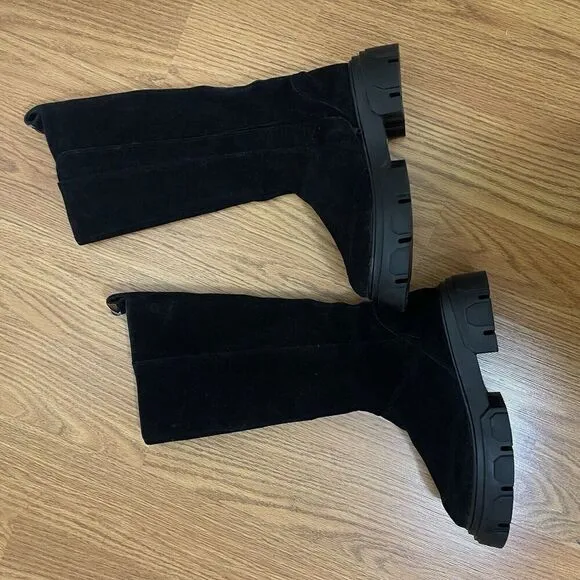 Anthropologie Farm Rio Black Knee High Suede Chunky Heel Platform Boots US 6