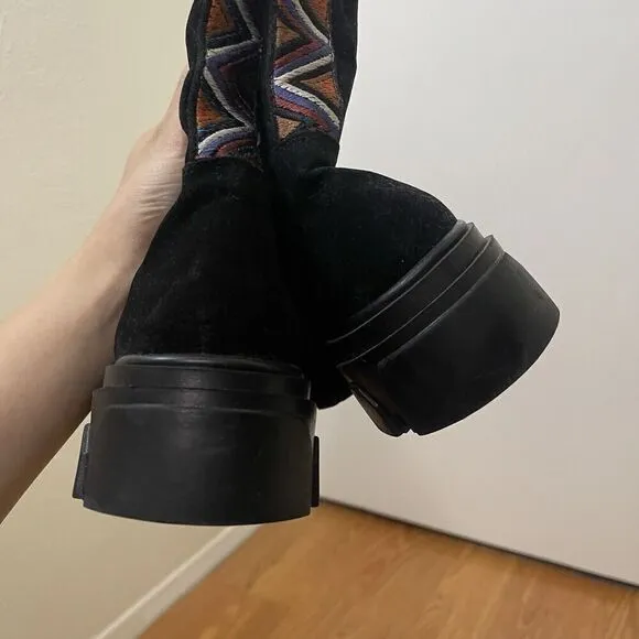 Anthropologie Farm Rio Black Knee High Suede Chunky Heel Platform Boots US 6