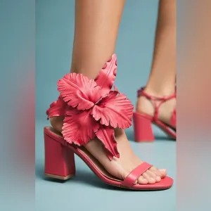 Anthropologie Floral Heels Cecelia New York Hibiscus Sandals Rose 6