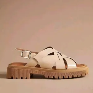 Anthropologie Maeve Open-Toe Fisherman Sandals Tan Patent Leather Buckle