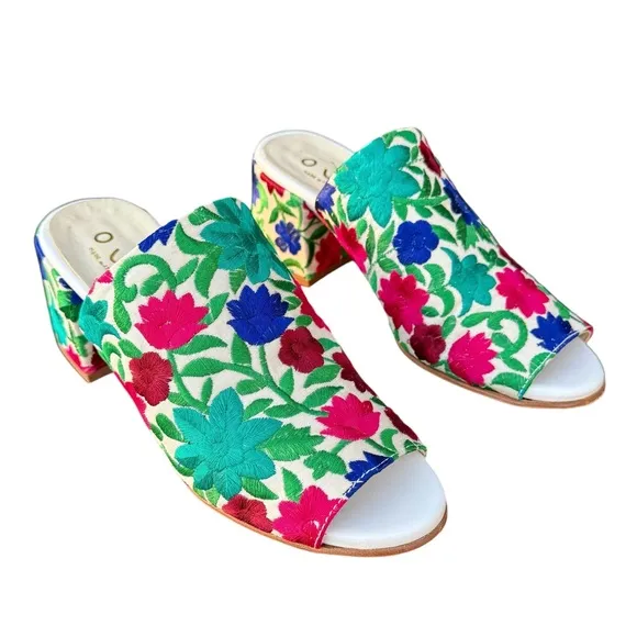 Anthropologie Ouigal Phoebe Sandals Floral Embroidered Multicolor Italian Mules