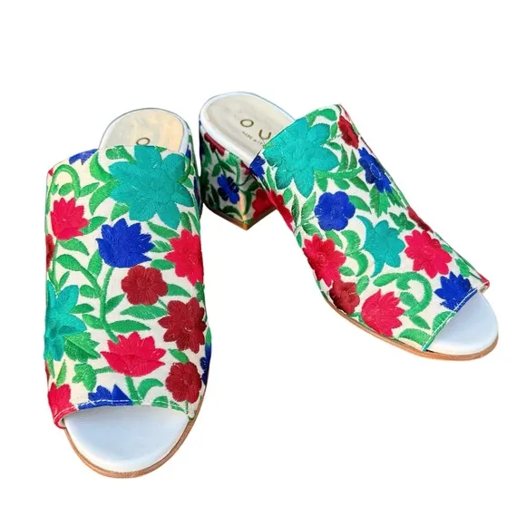 Anthropologie Ouigal Phoebe Sandals Floral Embroidered Multicolor Italian Mules