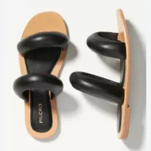 Anthropologie Pilcro Double Puff Strap Black Leather Slide Sandals Size 6