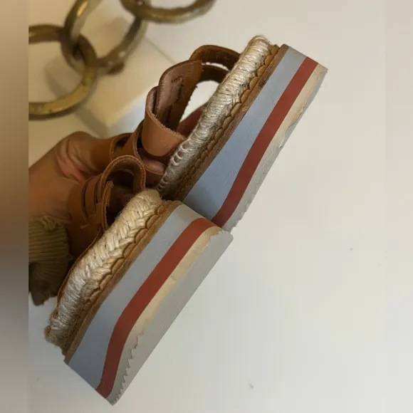 Anthropologie sporty platform leather tan espadrille Sandals size 9.5 / 10 NWOB