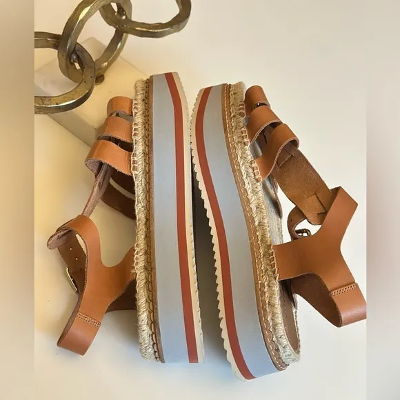 Anthropologie sporty platform leather tan espadrille Sandals size 9.5 / 10 NWOB