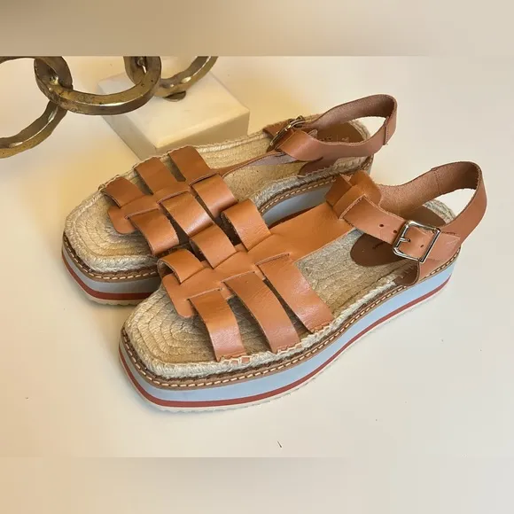 Anthropologie sporty platform leather tan espadrille Sandals size 9.5 / 10 NWOB