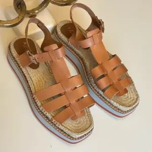 Anthropologie sporty platform leather tan espadrille Sandals size 9.5 / 10 NWOB