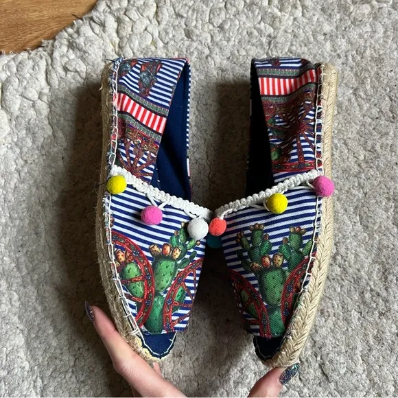 Antica Sartoria: Pom-Pom Cacti Wagon Wheel Slip On Peep Toe Espadrilles Size 39