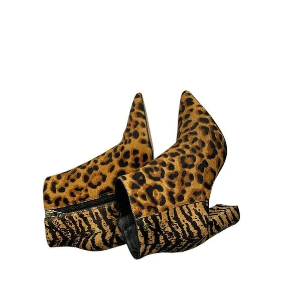 ANTONIO MELANI ANIMAL Print Fur Leather Sole Ankle High Heel Boots Size 7 1/2