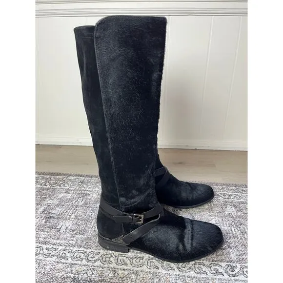 Aquatalia Marvin K Calf Hair Black Leather Riding Boots 8 Made in Italy Tall