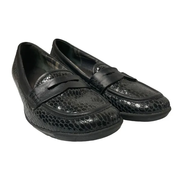 Aquatalia Snakeskin Embossed Leather Penny Loafers Driving Mocs Black Size 6