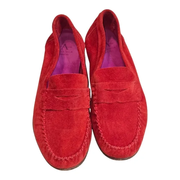 Aquatalia Suede Penny Loafers Women's 7 BRIGHT Red Pink