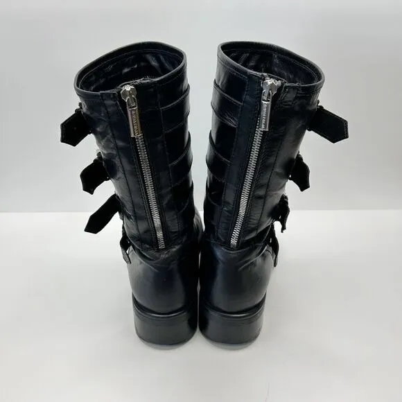 AQUATALIA Swell Biker Mid-Calf Leather Boots Buckles Straps Black Womens Sz 10