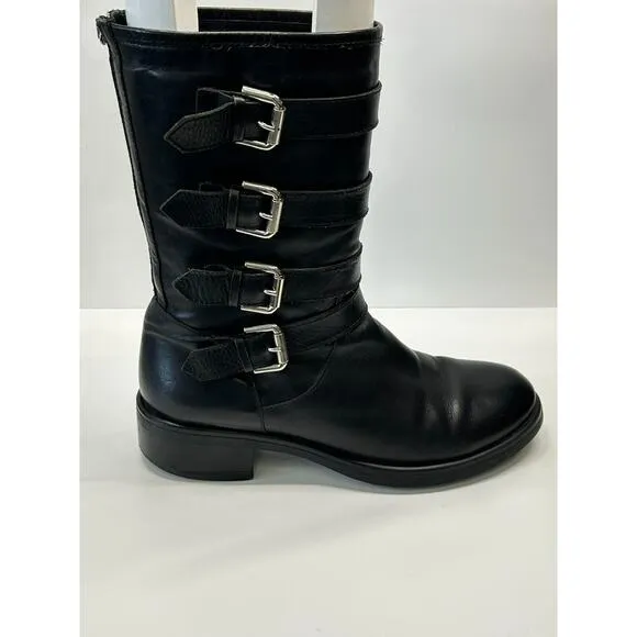 AQUATALIA Swell Biker Mid-Calf Leather Boots Buckles Straps Black Womens Sz 10