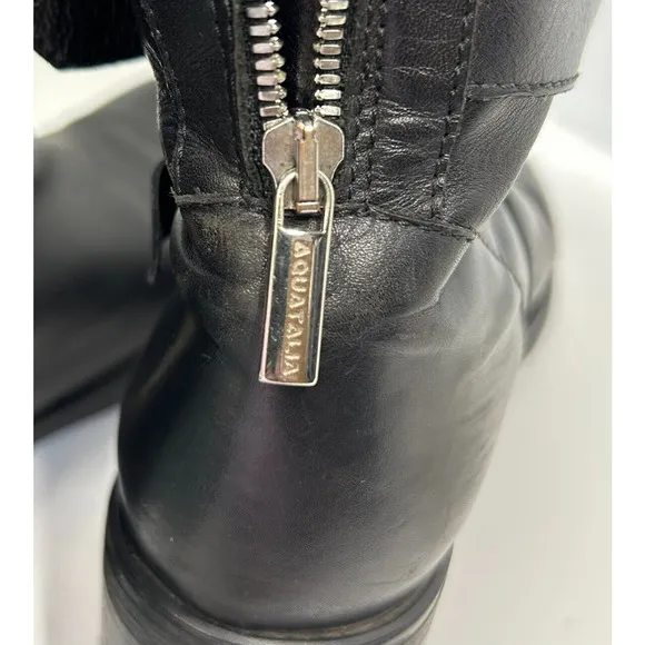 AQUATALIA Swell Biker Mid-Calf Leather Boots Buckles Straps Black Womens Sz 10