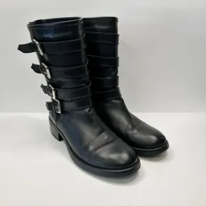 AQUATALIA Swell Biker Mid-Calf Leather Boots Buckles Straps Black Womens Sz 10