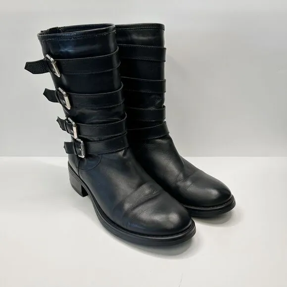 AQUATALIA Swell Biker Mid-Calf Leather Boots Buckles Straps Black Womens Sz 10