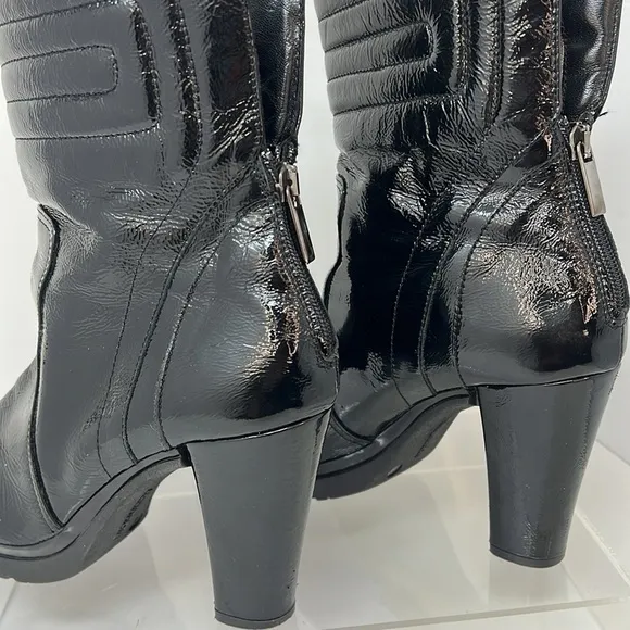 Aquatalia Sz 9 Black Patent Leather Mid Calf Back Zip Heel Boot