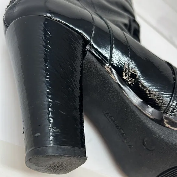 Aquatalia Sz 9 Black Patent Leather Mid Calf Back Zip Heel Boot