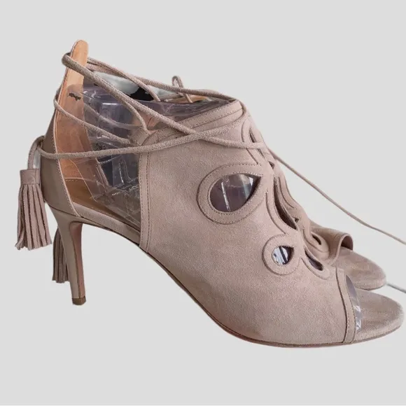 AQUAZURRA FIRENZE NEUTRAL LEATHER TUSSLE HEELED SANDALS