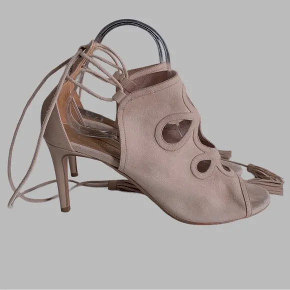 AQUAZURRA FIRENZE NEUTRAL LEATHER TUSSLE HEELED SANDALS
