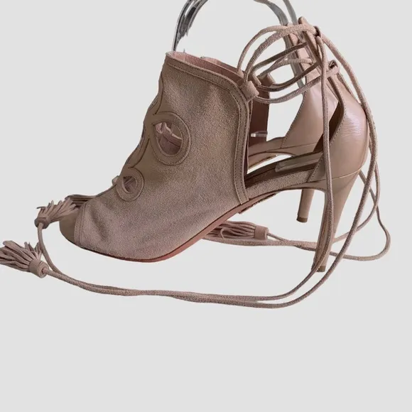 AQUAZURRA FIRENZE NEUTRAL LEATHER TUSSLE HEELED SANDALS