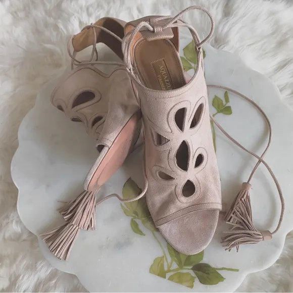 AQUAZURRA FIRENZE NEUTRAL LEATHER TUSSLE HEELED SANDALS