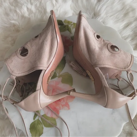AQUAZURRA FIRENZE NEUTRAL LEATHER TUSSLE HEELED SANDALS
