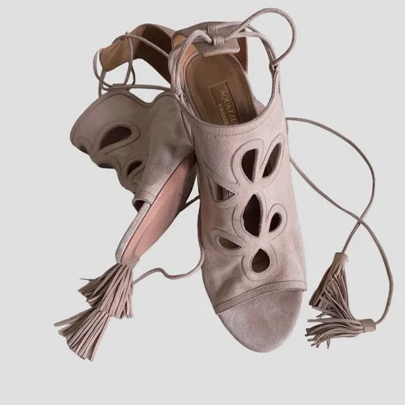 AQUAZURRA FIRENZE NEUTRAL LEATHER TUSSLE HEELED SANDALS