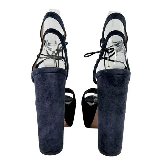 Aquazzura Austin Plateau Suede Platform Lace-Up Sandals Ink Blue Size 38.5