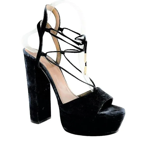 Aquazzura Austin Plateau Suede Platform Lace-Up Sandals Ink Blue Size 38.5
